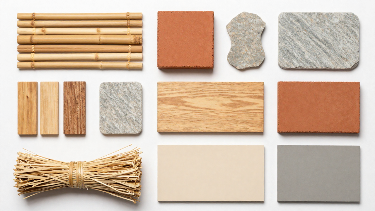 Natural materials in biophilic interiors like wood, stone, rattan, and clay decor